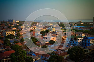 Aerial panorama view to city of Banjul and Gambia river