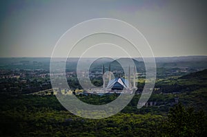 Aerial panorama view to Faisal Mosque in Islamabad, capital of Pakistan