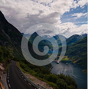 Aerial panorama view to Geiranger fjord from Trollstigen, Norway