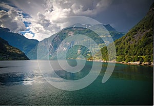 Aerial panorama view to Geiranger fjord and Trollstigen, Norway