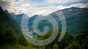 Aerial panorama view to Geiranger fjord from Trollstigen, Norway