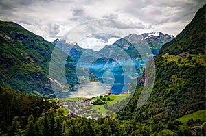 Aerial panorama view to Geiranger fjord and Trollstigen, Norway