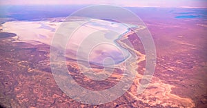 Aerial Panorama view to saline Barsa Kelmes lake and Ustyurt plateau at Karakalpakstan, Uzbekistan