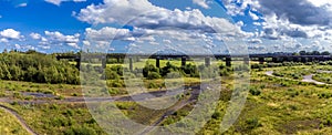 An aerial panorama view towards the Bennerley Viaduct over the Erewash canal