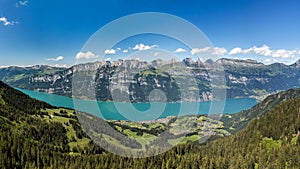 Aerial panorama view of Walensee from Flumserberg