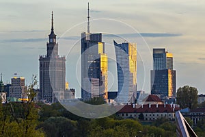 Aerial panorama of Warsaw city during sunset