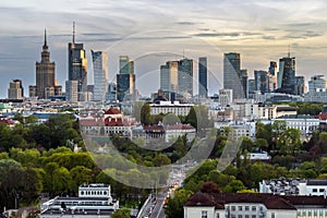 Aerial panorama of Warsaw city during sunset