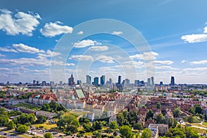 Aerial panorama of Warsaw, Poland  over the Vistula river and City center in a distance