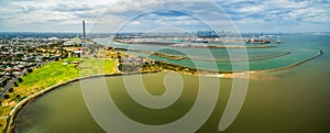 Aerial panorama of Williamstown coastal suburb in Melbourne, Australia.