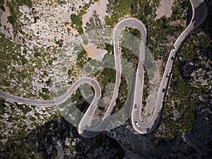 Aerial panorama of winding curvy mountain road street Sa Corbata Sa Calobra Mallorca Balearic Islands Spain Europe photo