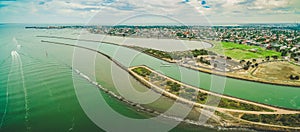 Aerial panorama of Yarra river mouth and Williamstown.