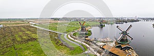 aerial panorama of Zaanse Schans, Unique old authentic real working windmills in the suburbs of Amsterdam, the