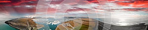 Aerial panoramic 360 degrees view of Jokullsarlon Glacier Lake and Icebergs at sunset, Iceland