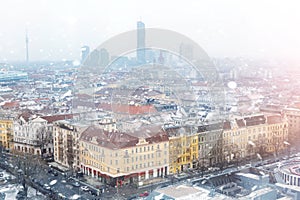 aerial panoramic cityscape view from ferris wheel in Prater amusement fair park on streets of Vienna old town and Leopoldsatdt