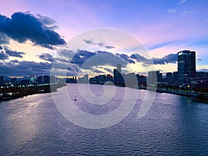 Aerial panoramic cityscape view of Fuzhou and the River Min at sunset,Fujian,China