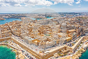 Aerial panoramic cityscape view of Lady of Mount Carmel church, St.Paul`s Cathedral in Valletta city center, Malta