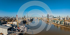 Aerial panoramic cityscape view of London and the River Thames