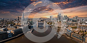 Aerial panoramic cityscape view of London and the River Thames