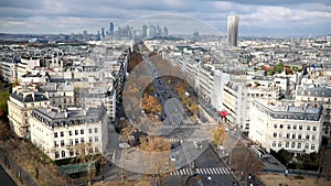 Aerial panoramic cityscape view of Paris, France with Avenue de la Grande Armee