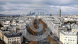 Aerial panoramic cityscape view of Paris, France with Avenue de la Grande Armee