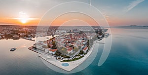 Aerial panoramic drone shot of Zadar old town sea organ in sunrise hour in Croatia Dalmatia area