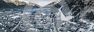 Aerial panoramic drone view of Chamonix Mont Blanc, in French Alps