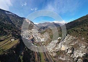 Aerial panoramic drone view of a scenic highway by the beautiful Landscape covered in clouds and fog, bridge and viaduct