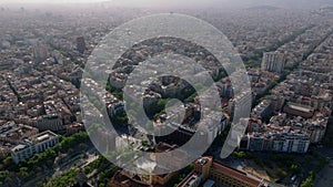 Aerial panoramic footage of large city. Typical blocks of residential buildings in urban borough. View against sunshine