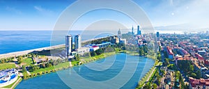 Aerial panoramic image of beautiful Batumi in Georgia made with drone in sunny summer weather