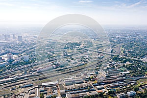 Aerial panoramic image of city industrial area, Minsk, Belarus