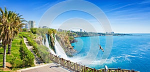 Aerial panoramic image of Lower Duden waterfall in Antalya, Turkey