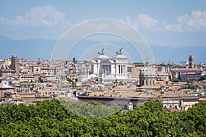 Aerial panoramic landscape from Janiculum Hill of the historical center of Rome with the national monumet to Vittorio Emanuele II.