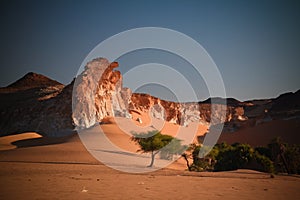 Aerial Panoramic landscape near Boukkou lake group of Ounianga Serir lakes at the Ennedi, Chad