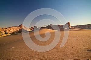 Aerial Panoramic landscape near Boukkou lake group of Ounianga Serir lakes at the Ennedi, Chad