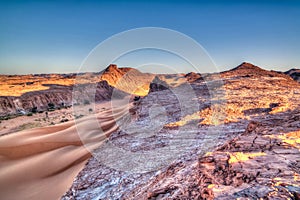 Aerial Panoramic landscape near Boukkou lake group of Ounianga Serir lakes at the Ennedi, Chad