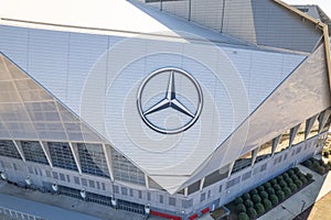 Aerial 360 panoramic of Mercedes Benz Stadium in Atlanta