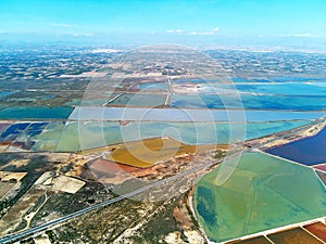 Aerial panoramic Nature Reserve of Santa Pola Salt Lakes. Spain photo