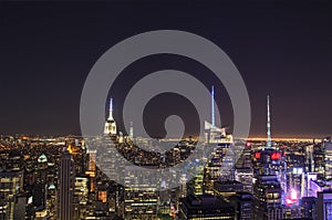 Aerial panoramic night view over New York city Buildings and Skyscrapers