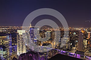 Aerial panoramic night view over New York city Buildings and Skyscrapers