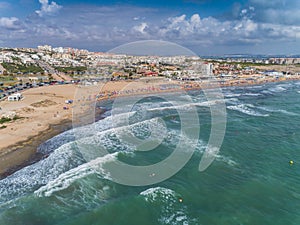 Aerial panoramic photo of La Mata Beach. Surfers ride the waves. Province of Alicante Costa Blanca. South of Spain 2