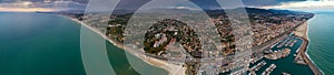 Aerial panoramic photo of Montgat and sea port Masnou at sunset, east of Barcelona, Spain photo