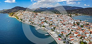 Aerial panoramic photo of picturesque seaside town of Ermioni built in peninsula with forest of Bistis at the end, Argolida, photo