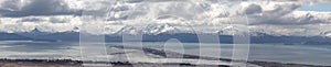 Aerial panoramic sea landscape view of Homer Spit in Kachemak Bay in Alaska USA