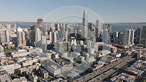 Aerial panoramic shot of downtown with high rise office and apartment buildings. San Francisco, California, USA