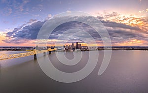 Aerial panoramic shot of Louisville, Kentucky at sunset.