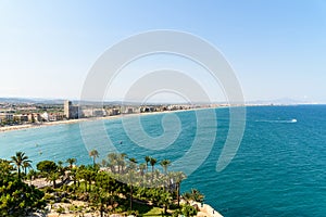 Aerial Panoramic Skyline View Of Peniscola City Beach Resort At Mediterranean Sea In Spain