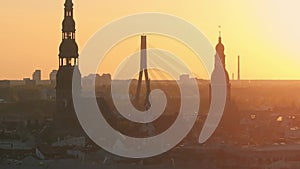 Aerial panoramic sunset over Riga old town in Latvia.