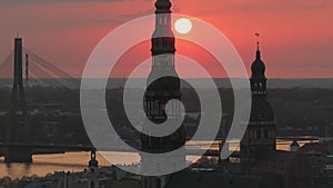 Aerial panoramic sunset over Riga old town in Latvia.