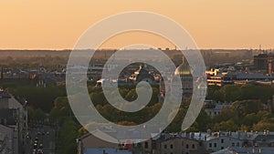 Aerial panoramic sunset over Riga old town in Latvia.