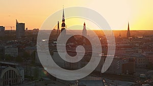 Aerial panoramic sunset over Riga old town in Latvia.